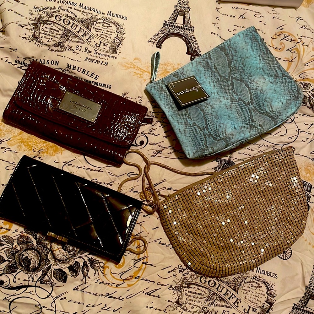 Liz Claiborne Wallet, Ulta Makeup Bag, leather wallet, fancy gold purse.